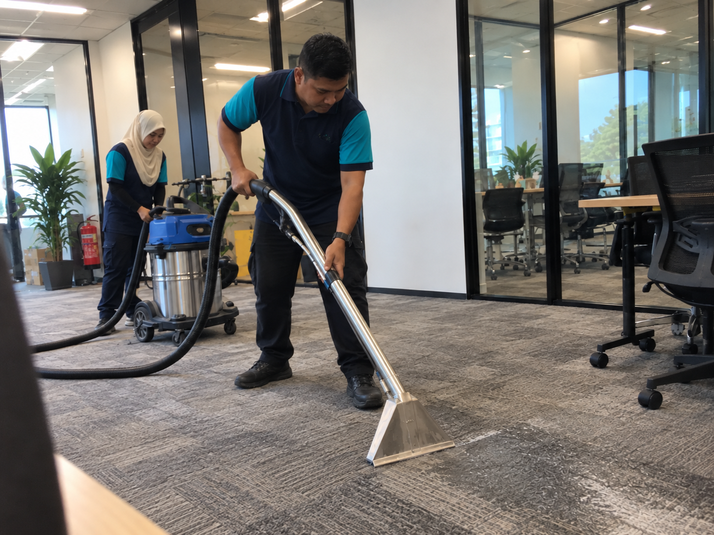 Professional cleaner deep cleaning office carpets with extraction equipment during commercial and industrial cleaning services in KL