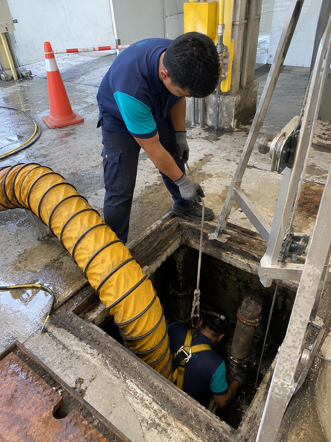 Tenaga Cekap worker providing confined space cleaning services in KL at an industrial facility using specialised cleaning equipment.