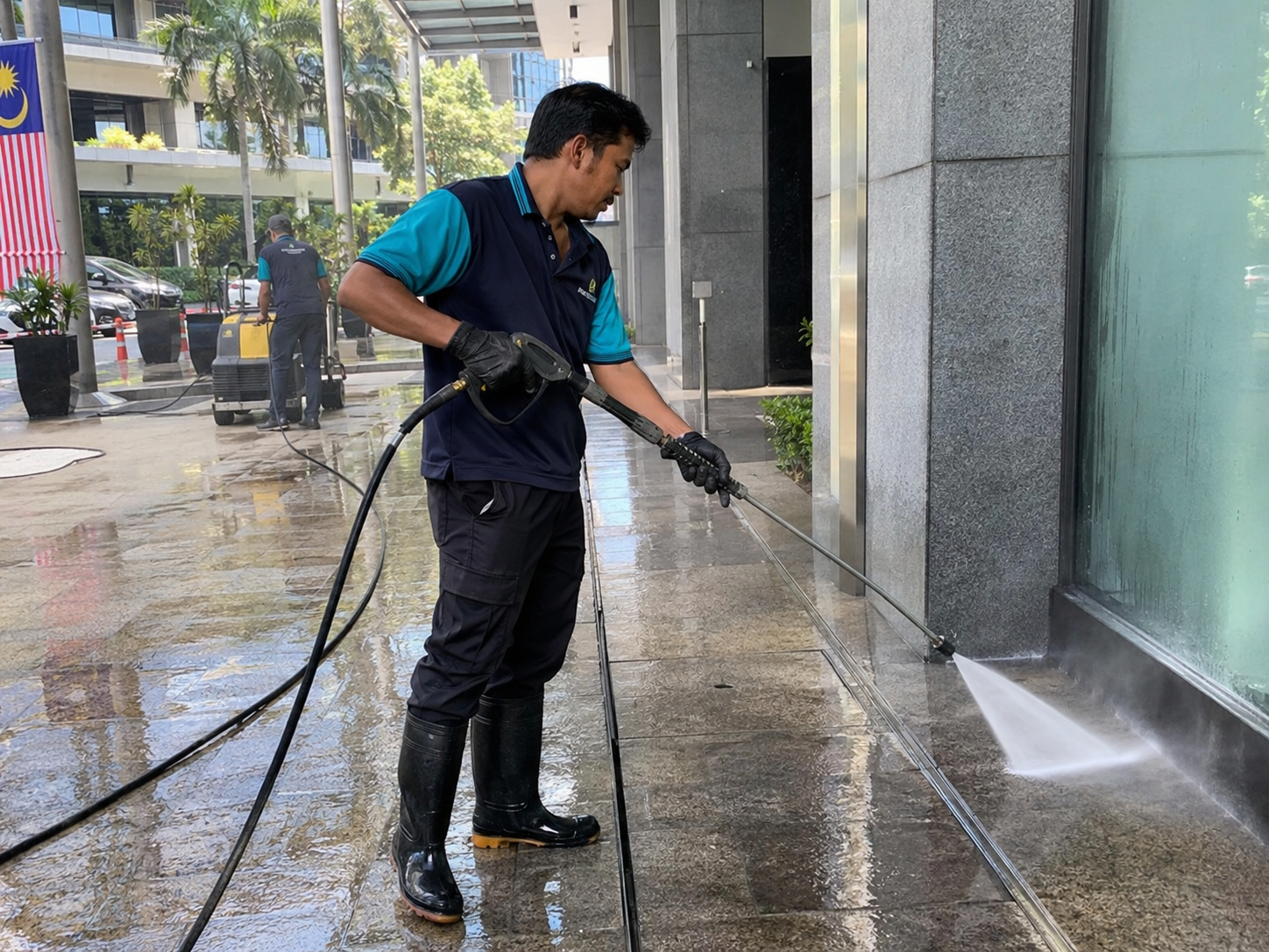 Worker pressure washing a commercial building walkway as part of commercial and industrial cleaning services in KL