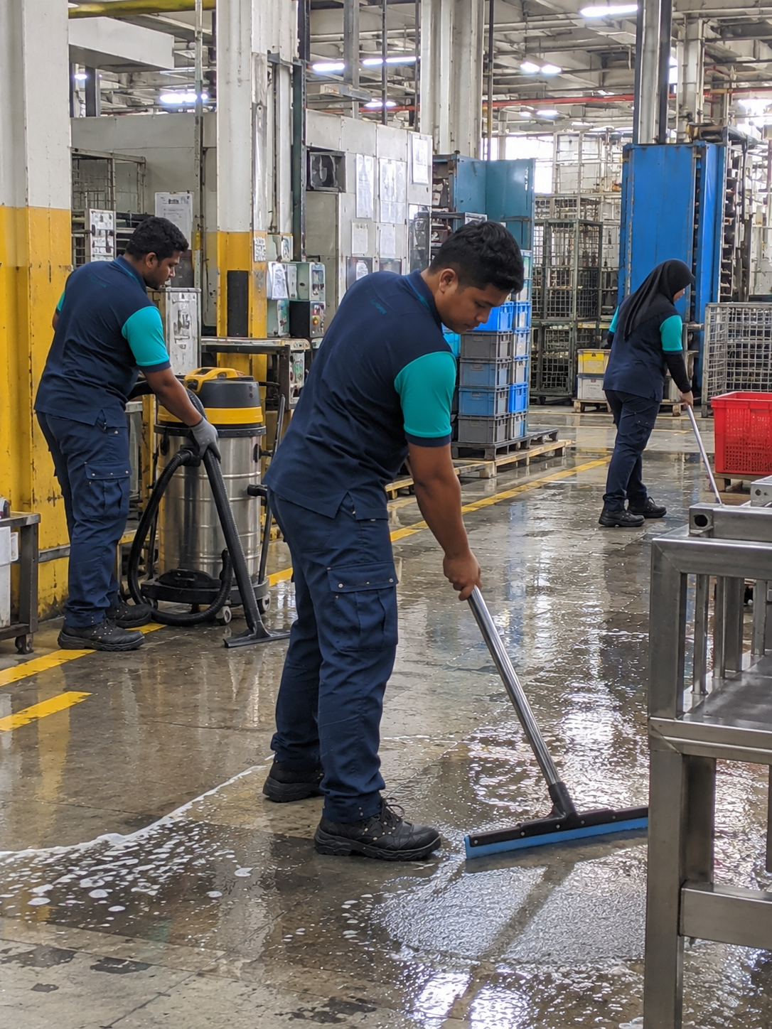 Tenaga Cekap workers maintaining factory floors through commercial and industrial cleaning services in KL