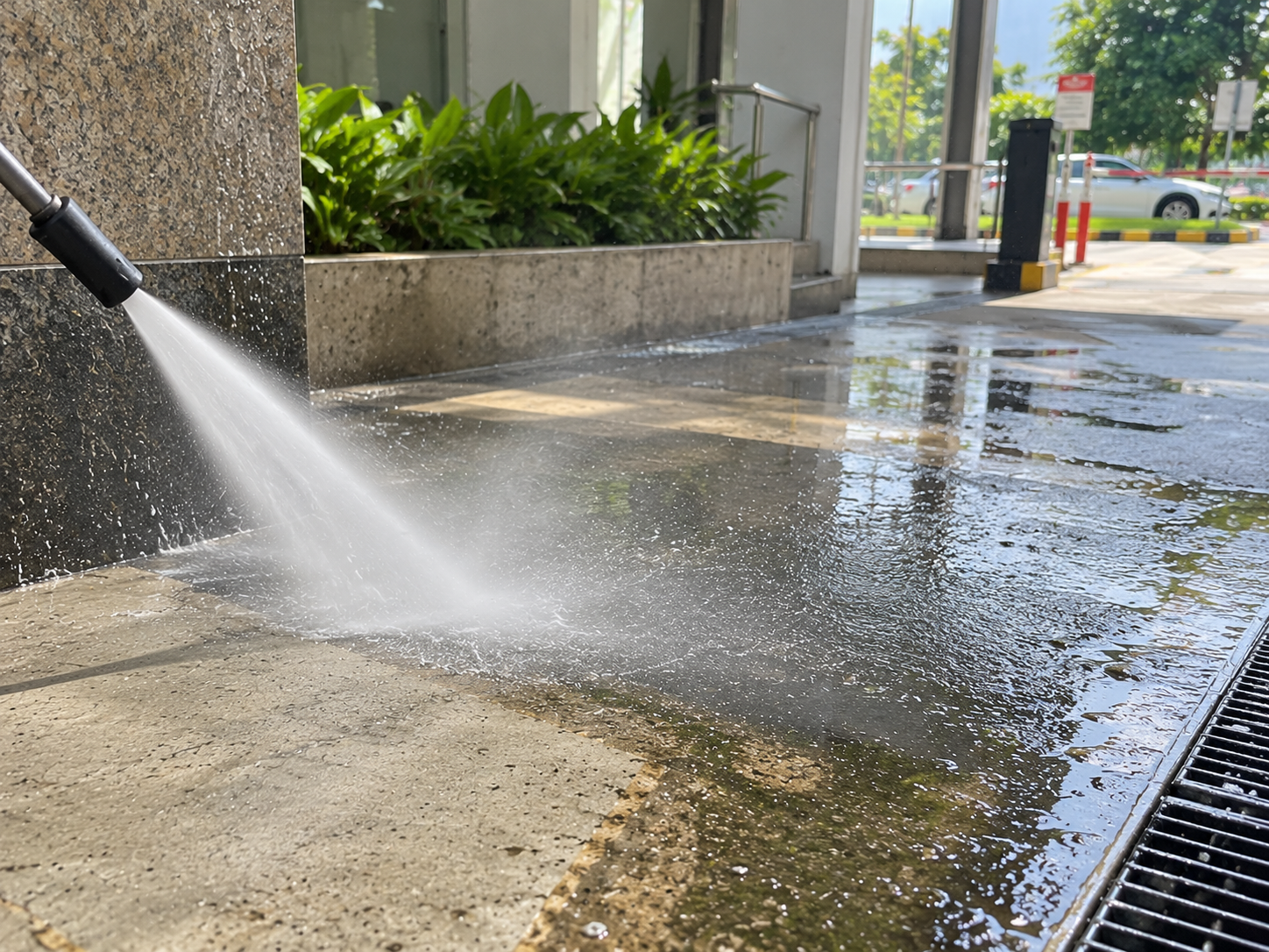 Tenaga Cekap cleaner performing water jet cleaning in KL to remove dirt from a paved outdoor walkway.