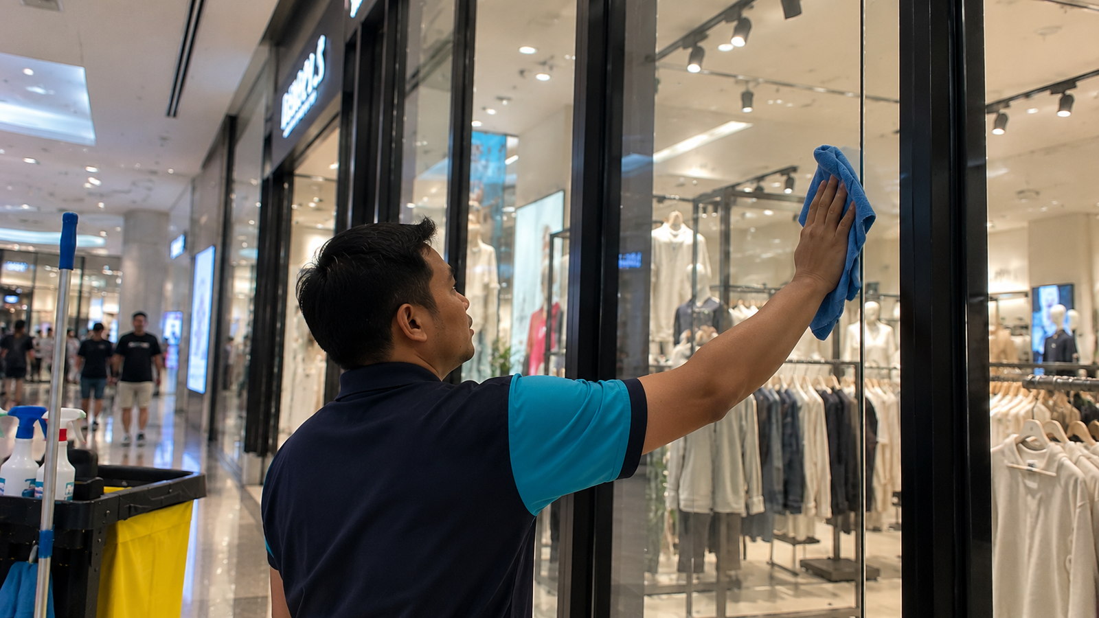 Tenaga Cekap cleaner wiping glass storefront panels in a shopping mall corridor.
