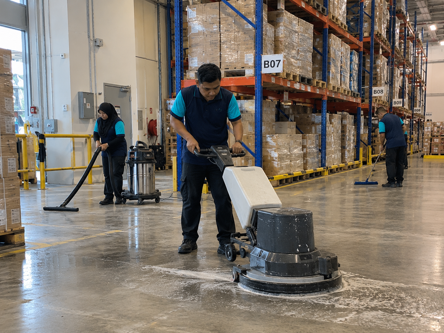 Tenaga Cekap team cleaning warehouse floors as part of commercial and industrial cleaning services in KL