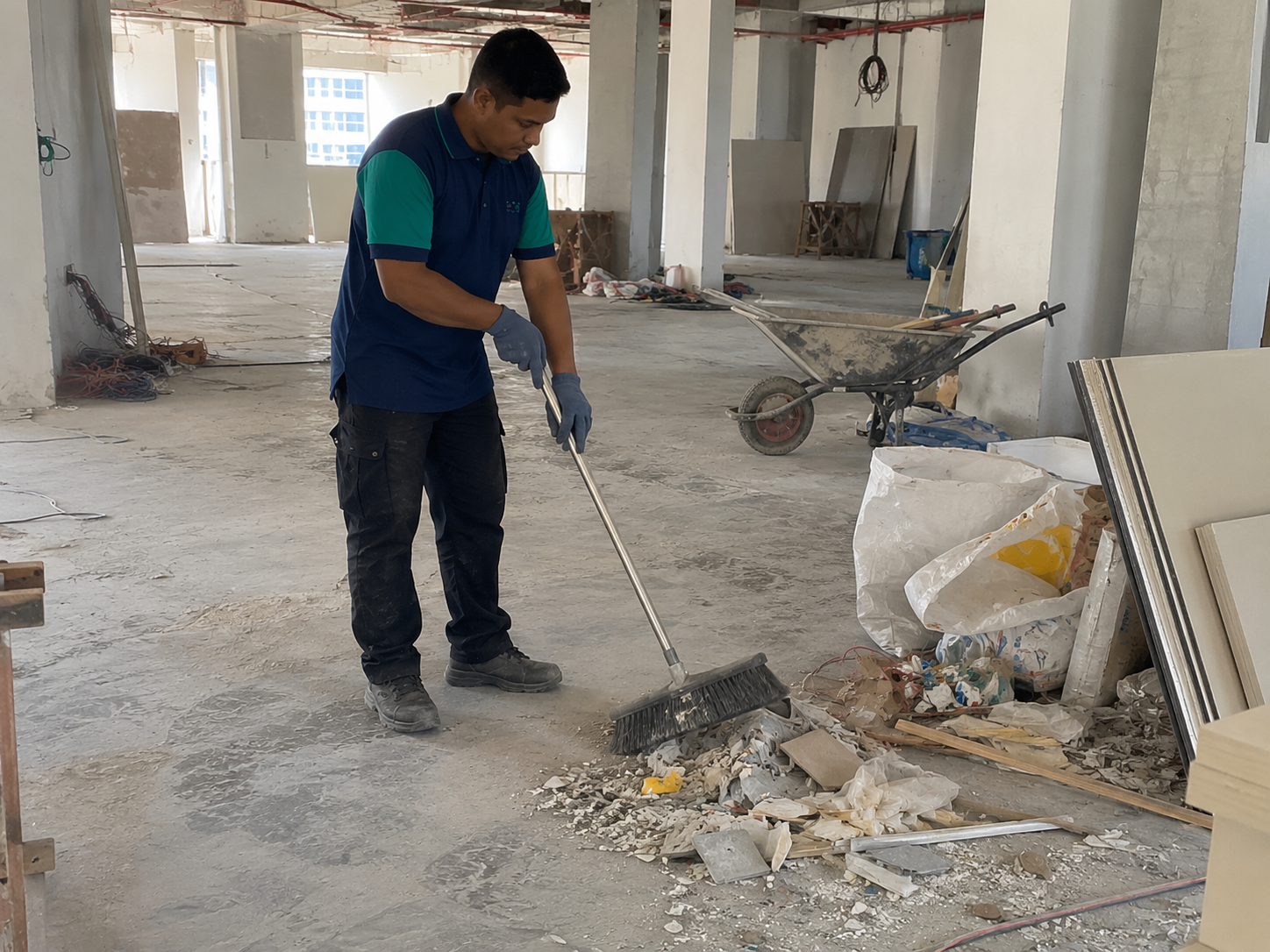Worker removing construction dust and debris as part of commercial and industrial cleaning services in KL