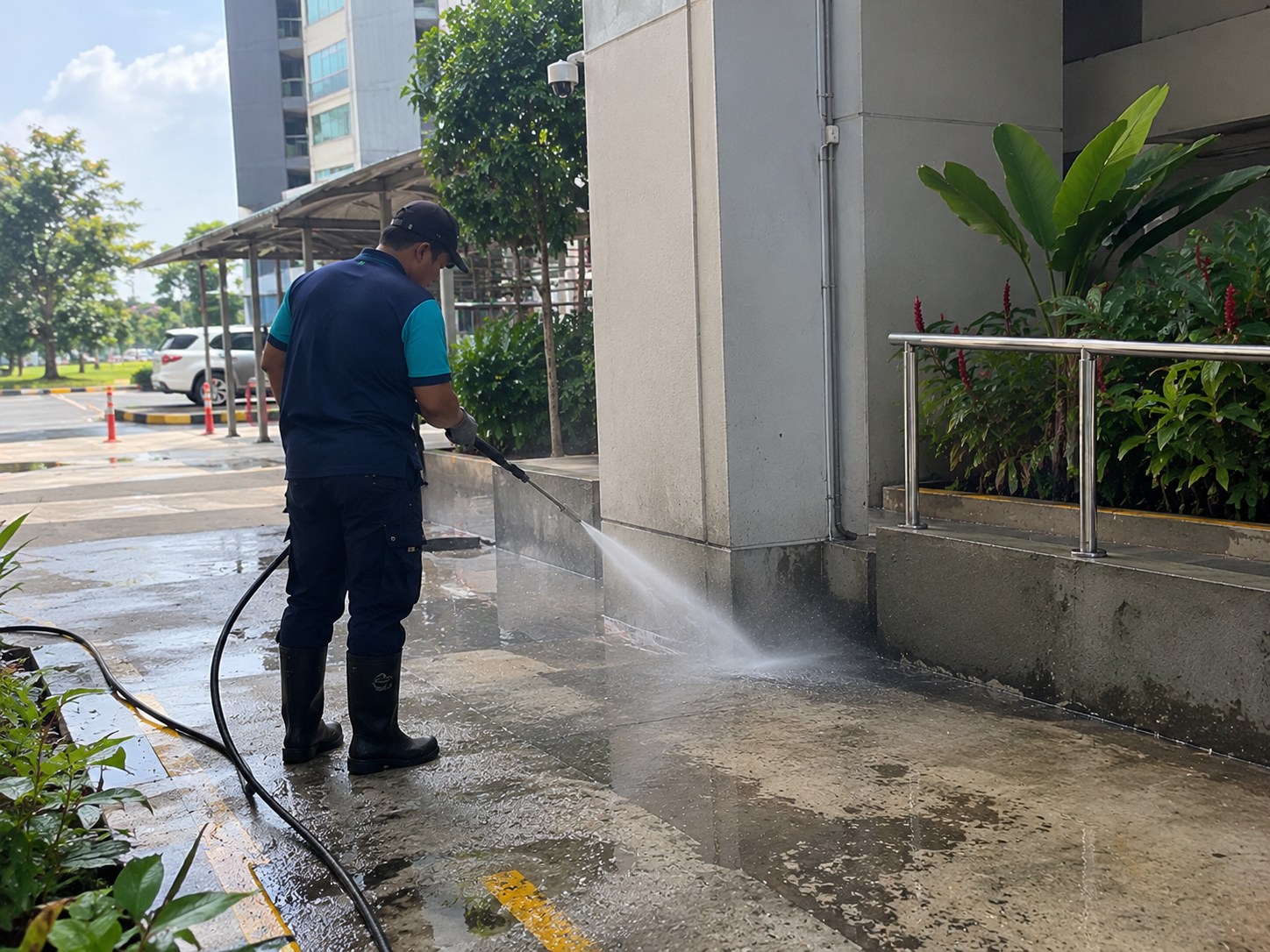 Tenaga Cekap worker providing water jet cleaning in KL using high pressure equipment on an outdoor commercial walkway.