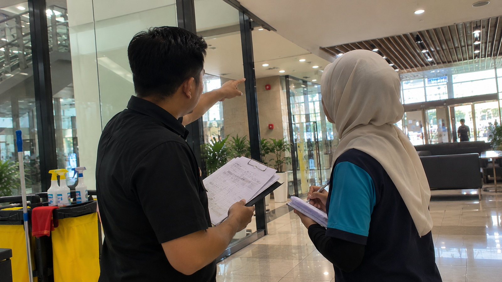 Tenaga Cekap team providing cleaning consultation services in KL during a commercial building site assessment.