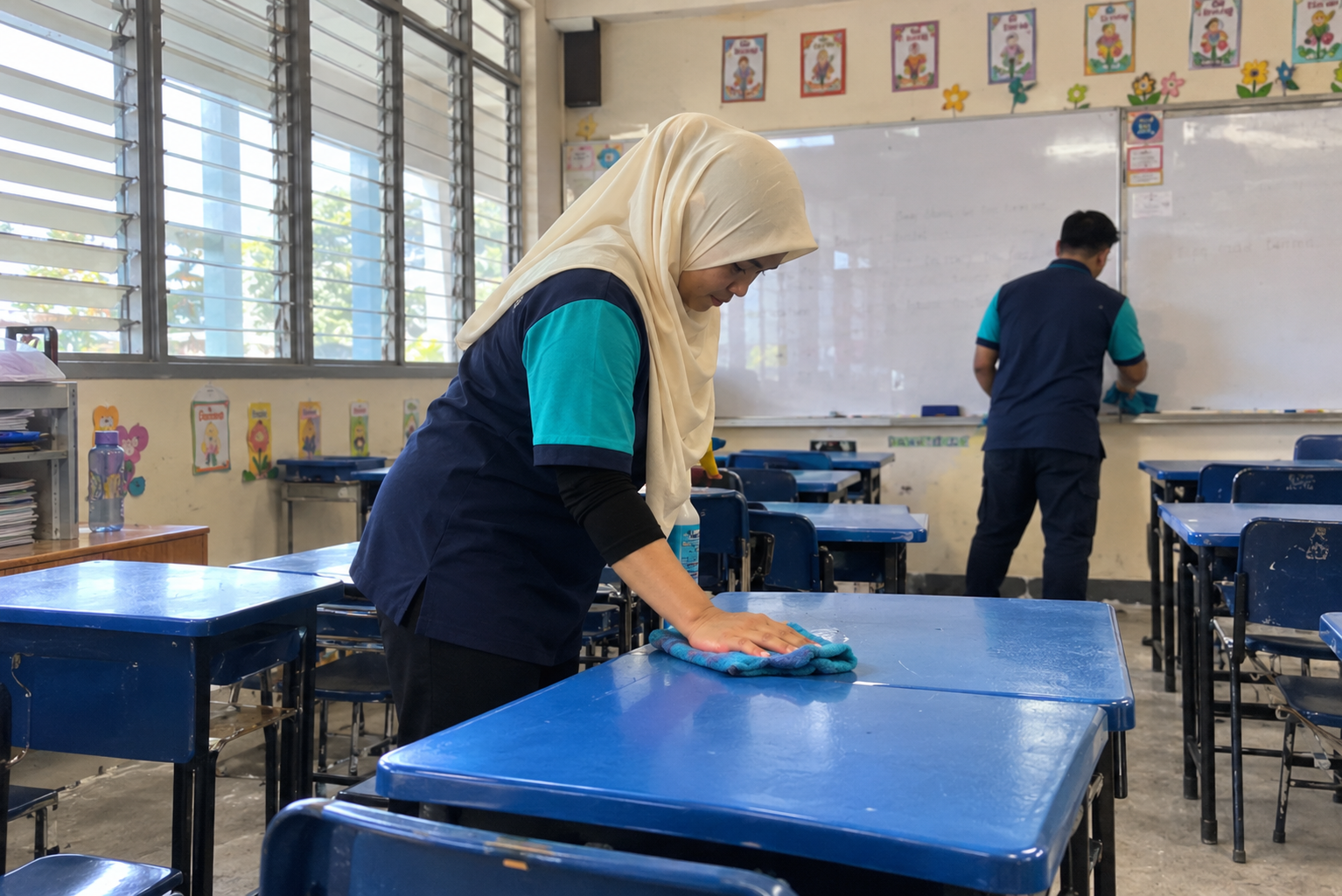 Tenaga Cekap worker cleaning classroom desks during school housekeeping, part of our commercial and industrial cleaning services in KL