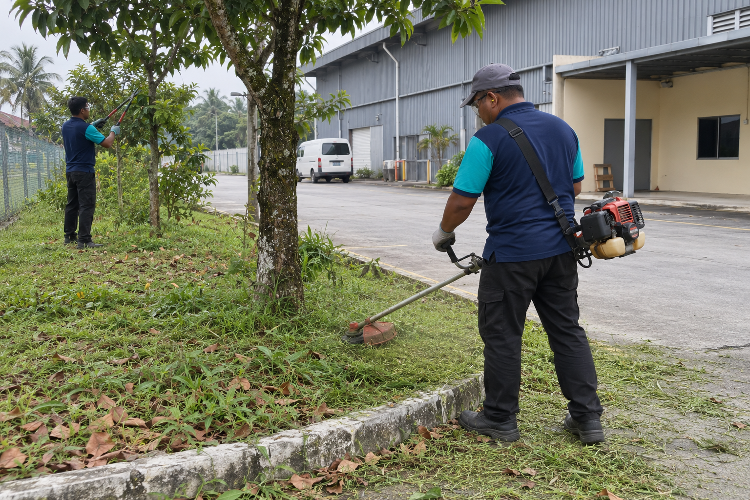 Tenaga Cekap workers providing tree and grass cutting in KL by maintaining trees and greenery around a commercial property.