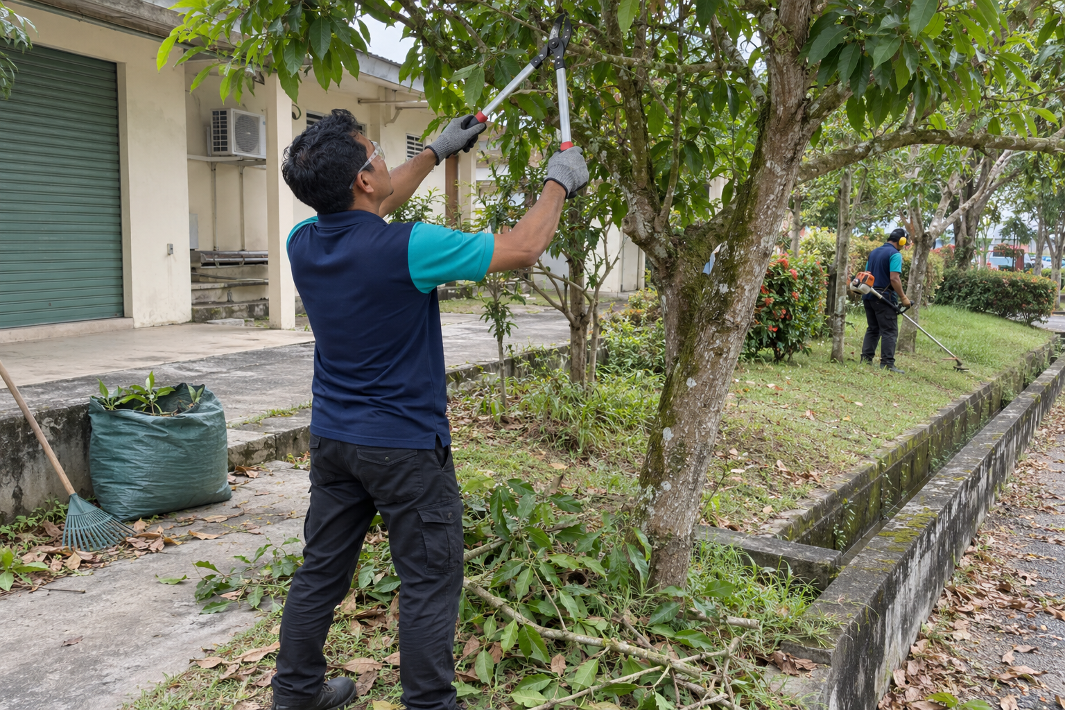 Tenaga Cekap workers performing tree and grass cutting in KL using an elevated work platform for tree maintenance.