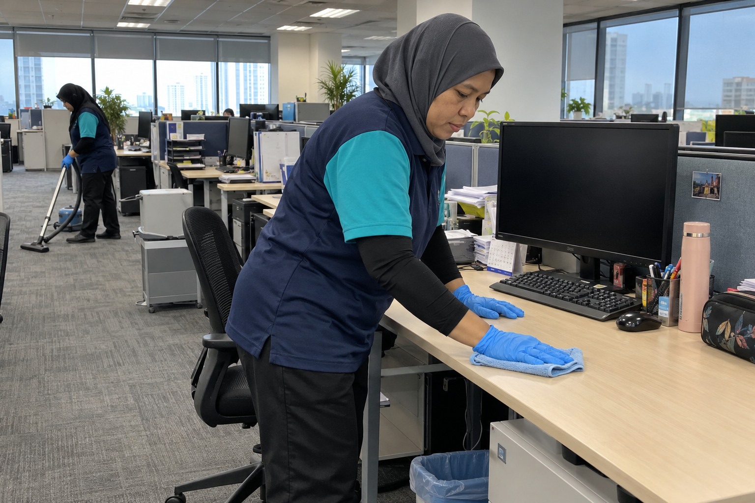 Tenaga Cekap worker providing office housekeeping in KL by cleaning workstations inside a commercial office.