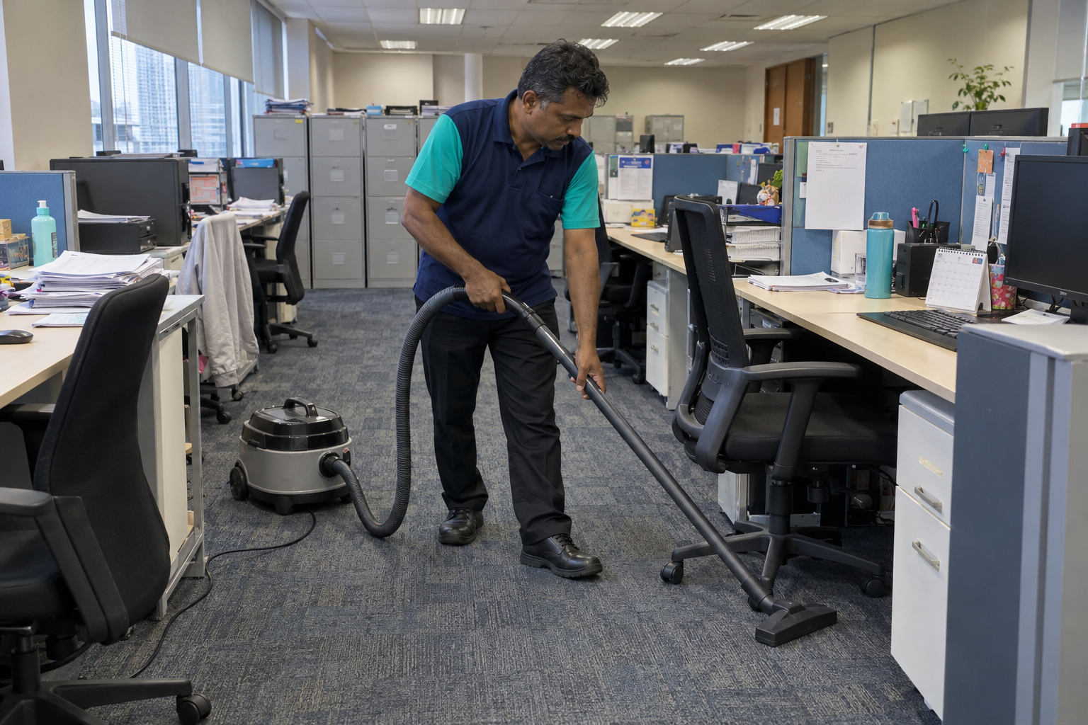 Tenaga Cekap cleaning team performing office housekeeping in KL by mopping floors and wiping reception counters.