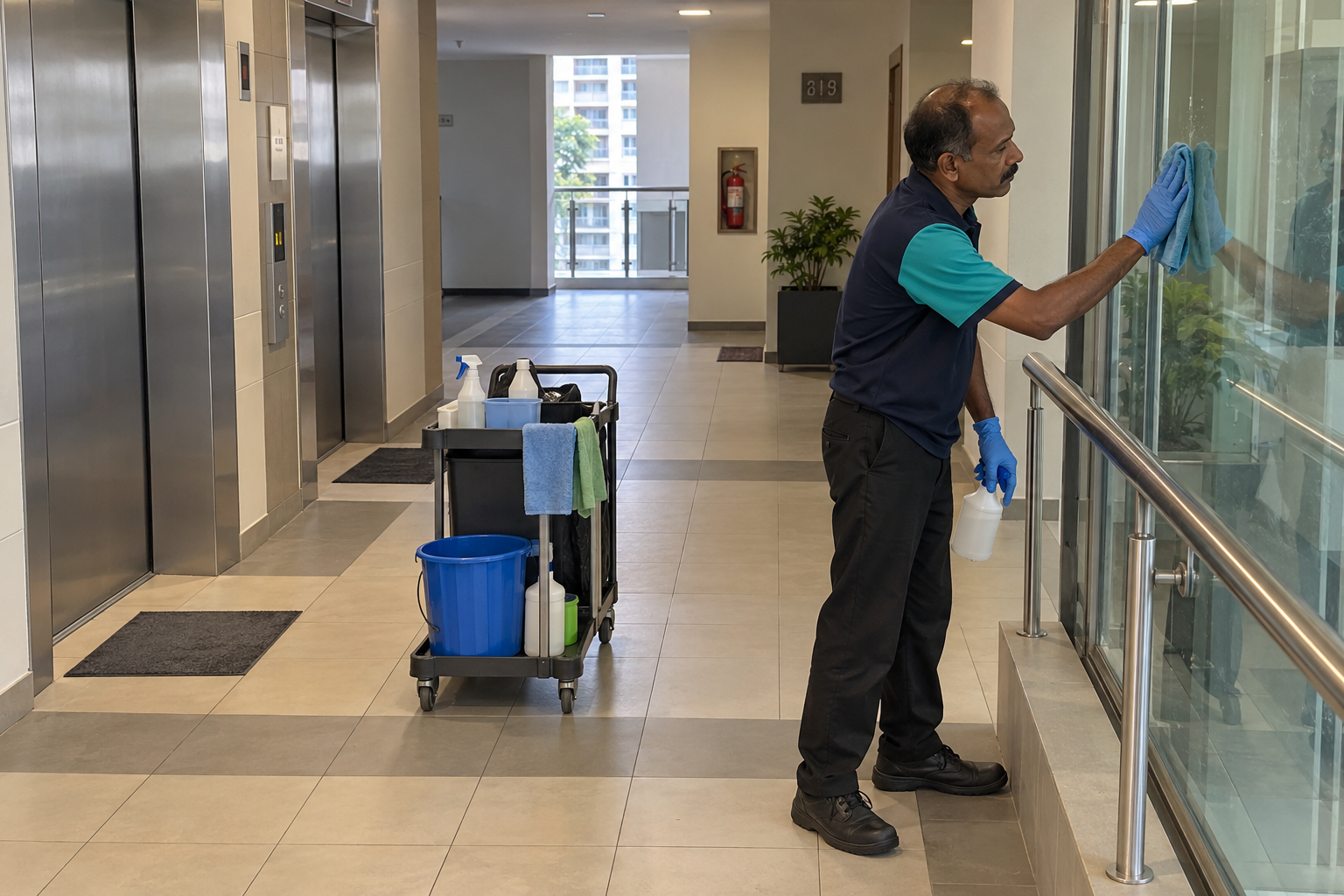 Tenaga Cekap providing condominium housekeeping services in KL to maintain shared lobby and lift areas.