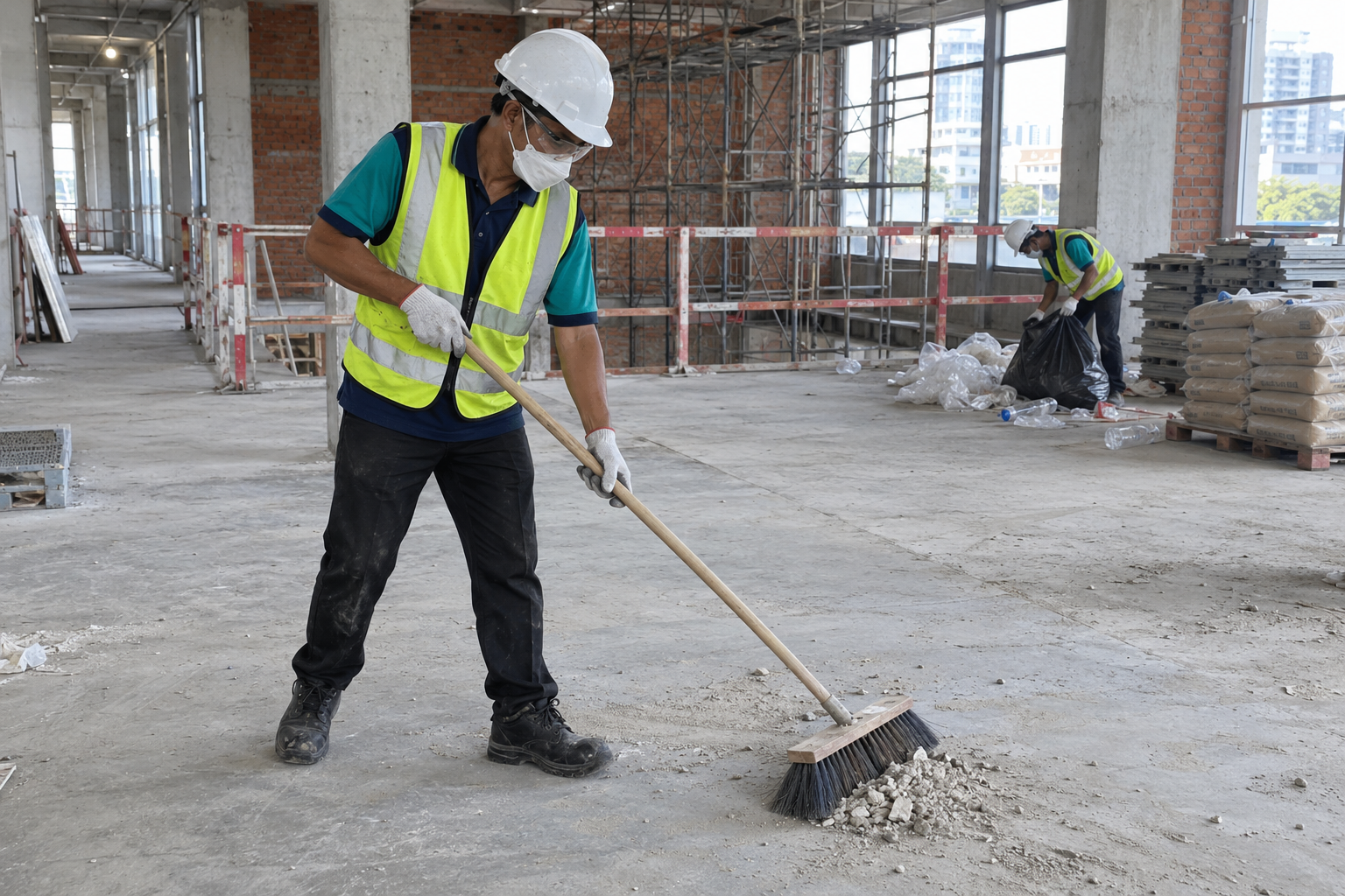Tenaga Cekap worker wearing safety equipment providing construction housekeeping services in KL at an unfinished commercial building.