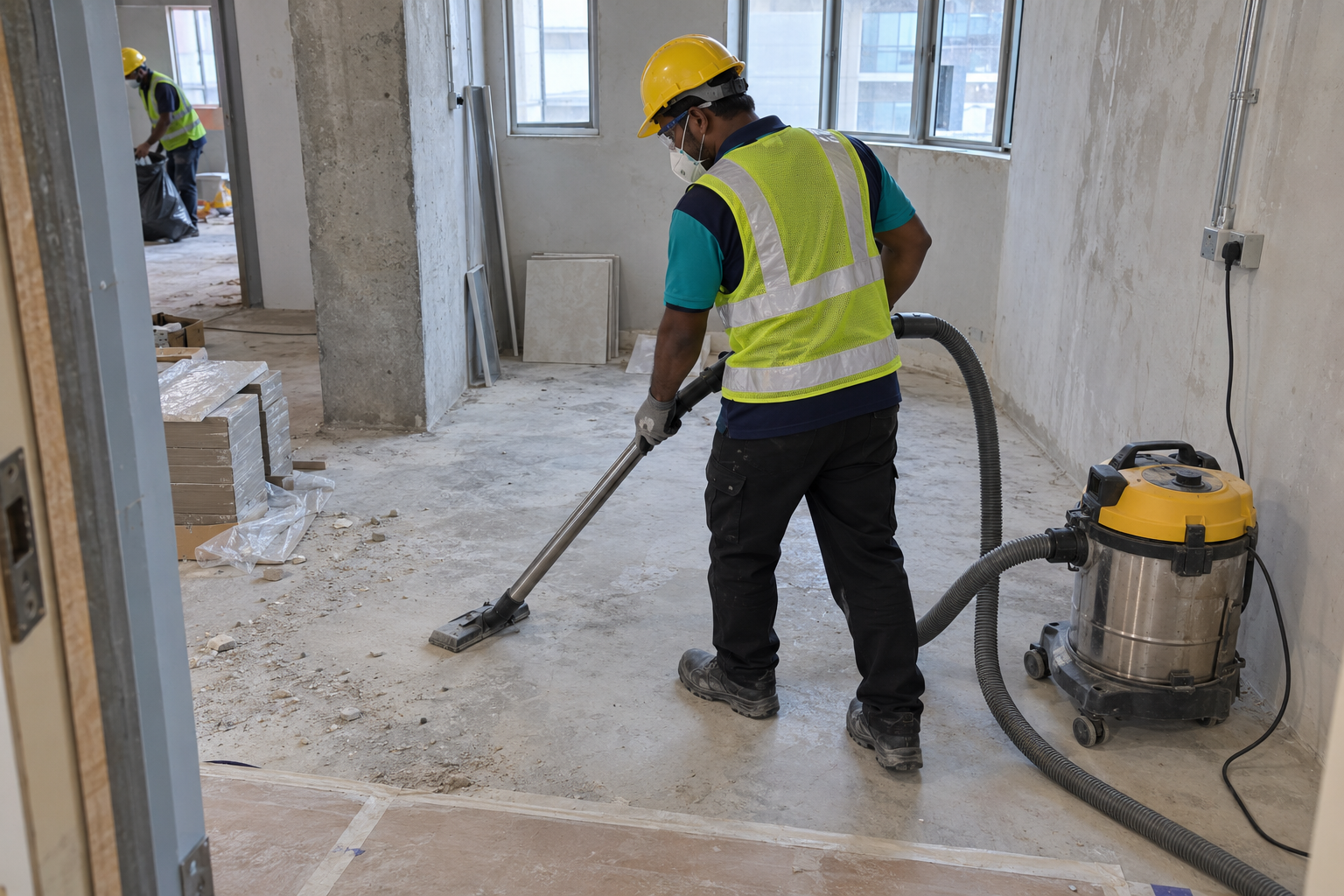 Tenaga Cekap cleaner providing construction housekeeping services in KL by vacuuming dust and debris inside an unfinished building.
