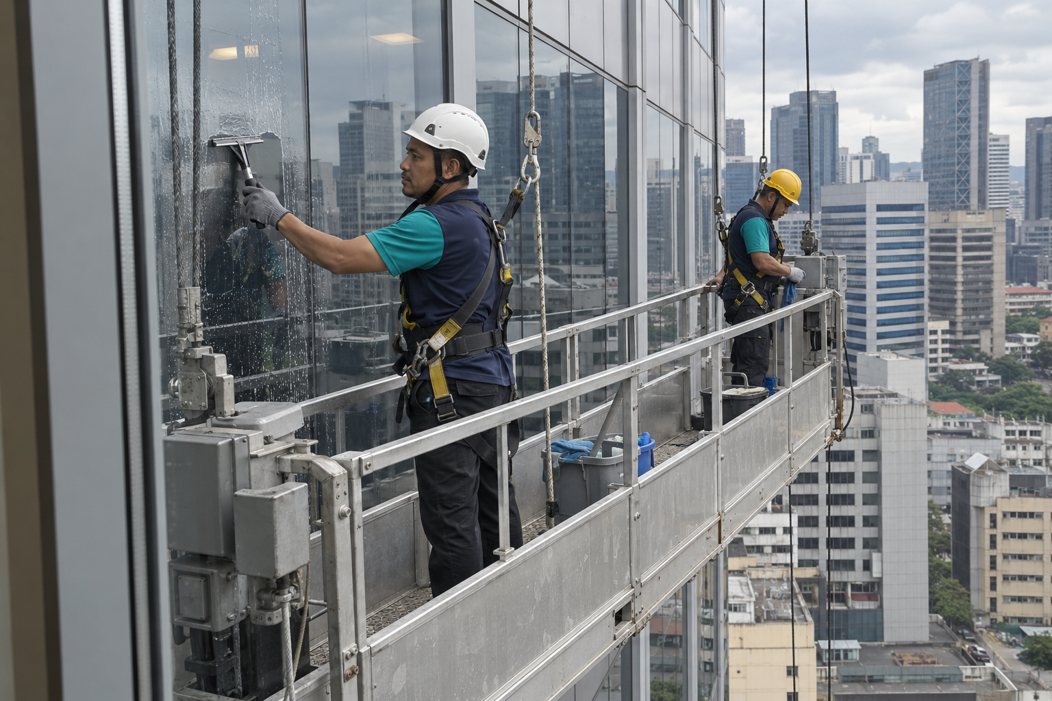 Tenaga Cekap workers providing facade cleaning services in KL by cleaning exterior glass panels of a commercial building.
