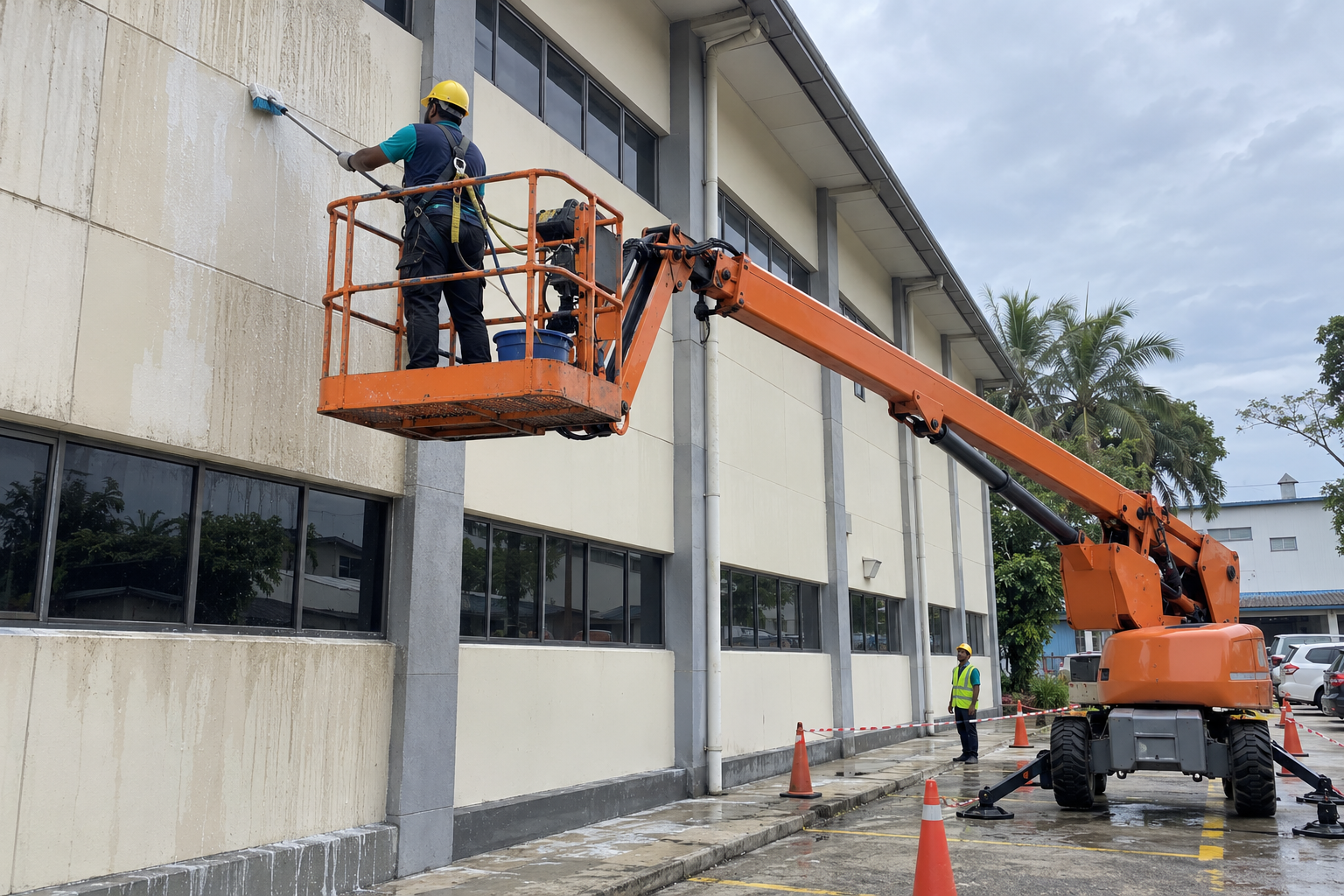 Tenaga Cekap workers performing facade cleaning services in KL using a boom lift to clean high-rise building glass exteriors.