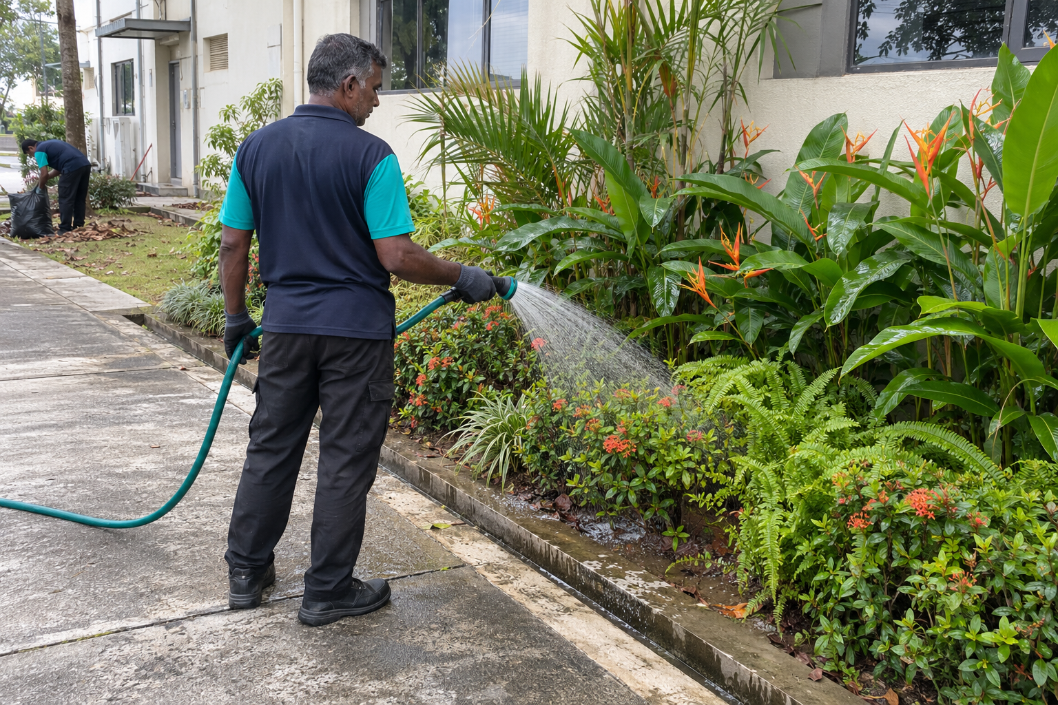 Tenaga Cekap worker performing landscaping services in KL using a hedge trimmer to maintain greenery at a commercial property.