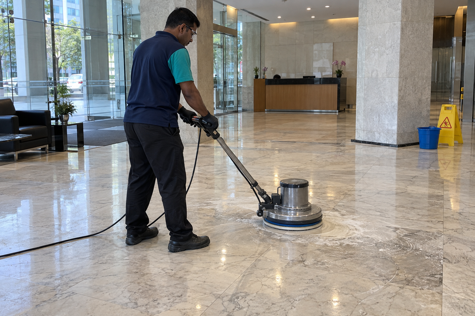 Tenaga Cekap worker providing marble polishing in KL using a professional floor polishing machine inside a commercial building.