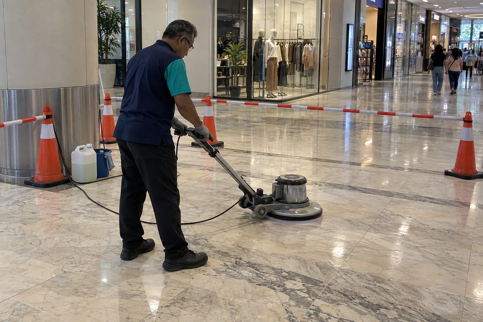 Female Tenaga Cekap worker performing marble polishing in KL to maintain marble flooring in a commercial building lobby.