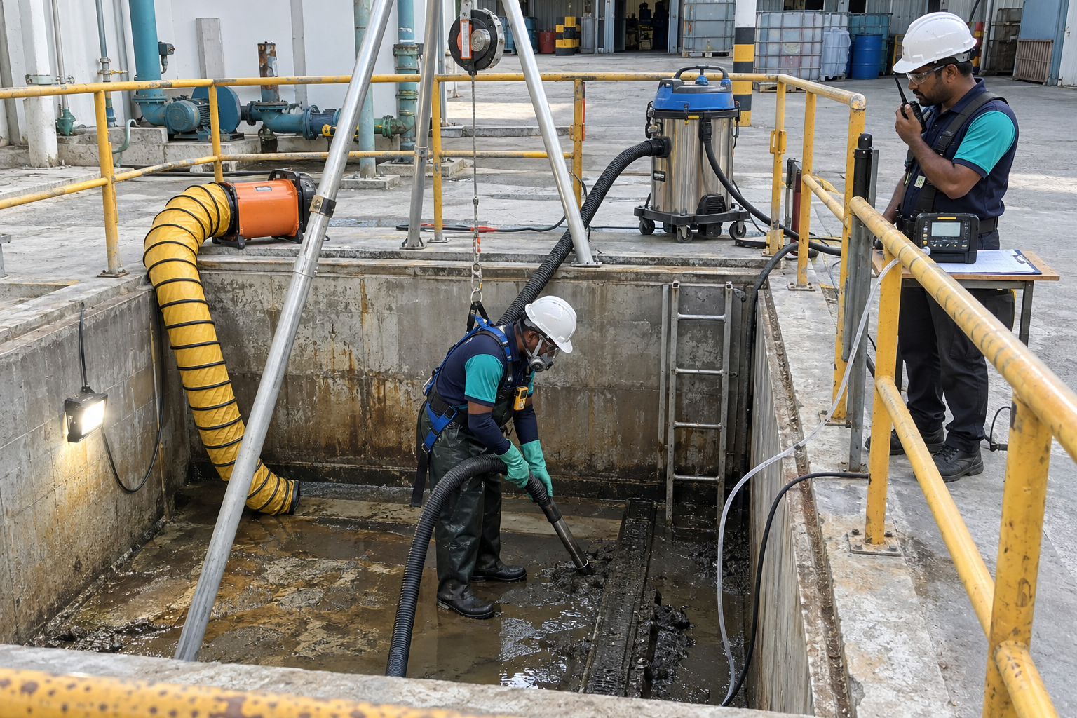 Trained Tenaga Cekap personnel performing confined space cleaning services in KL inside an industrial tank with protective equipment.