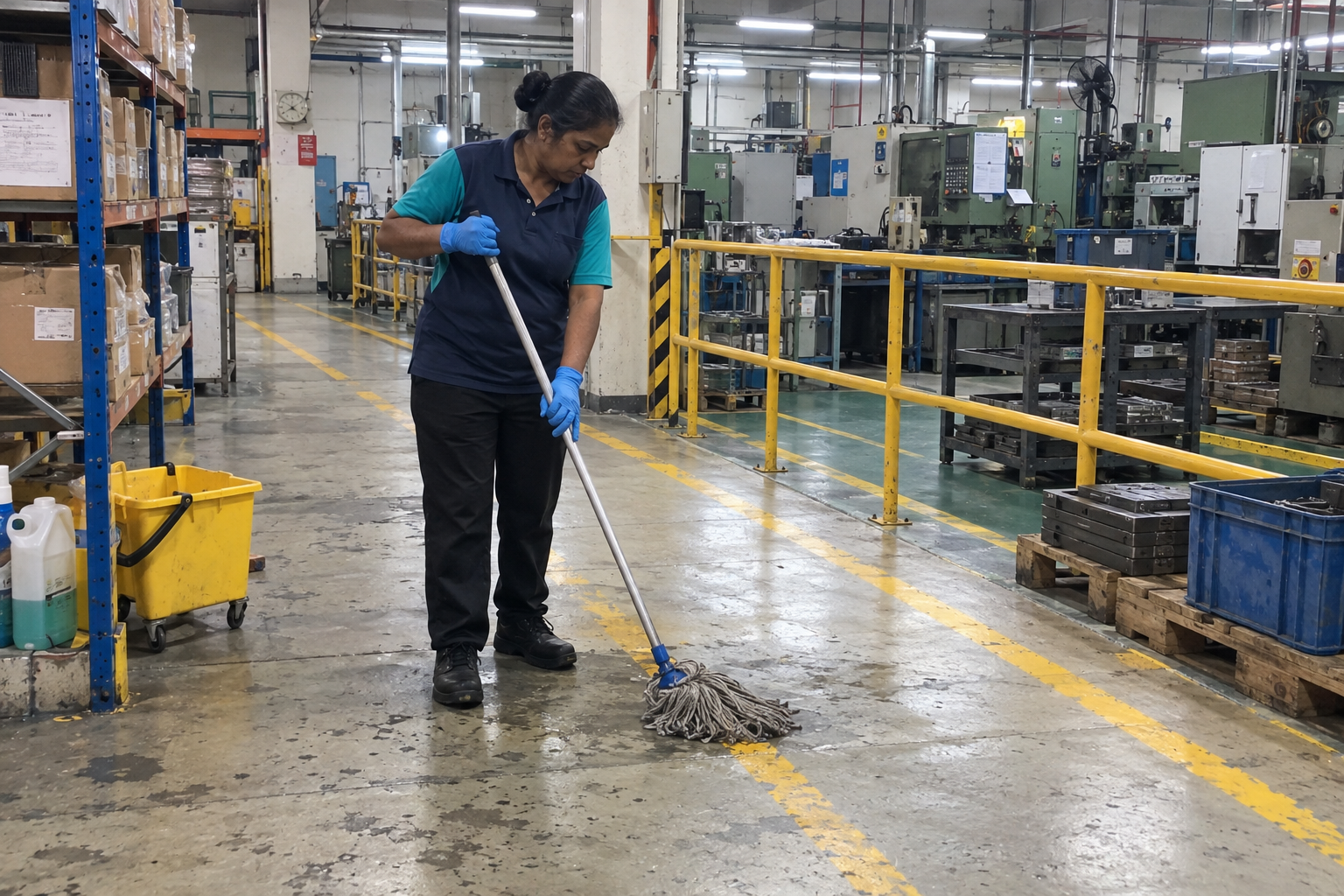 Tenaga Cekap worker providing factory housekeeping services in KL by cleaning floors inside an industrial manufacturing facility.