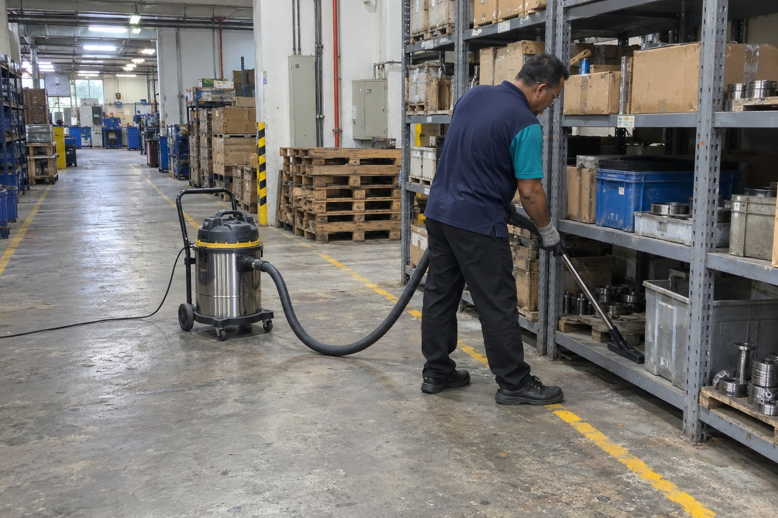 Female Tenaga Cekap worker performing factory housekeeping services in KL using an industrial floor scrubbing machine.