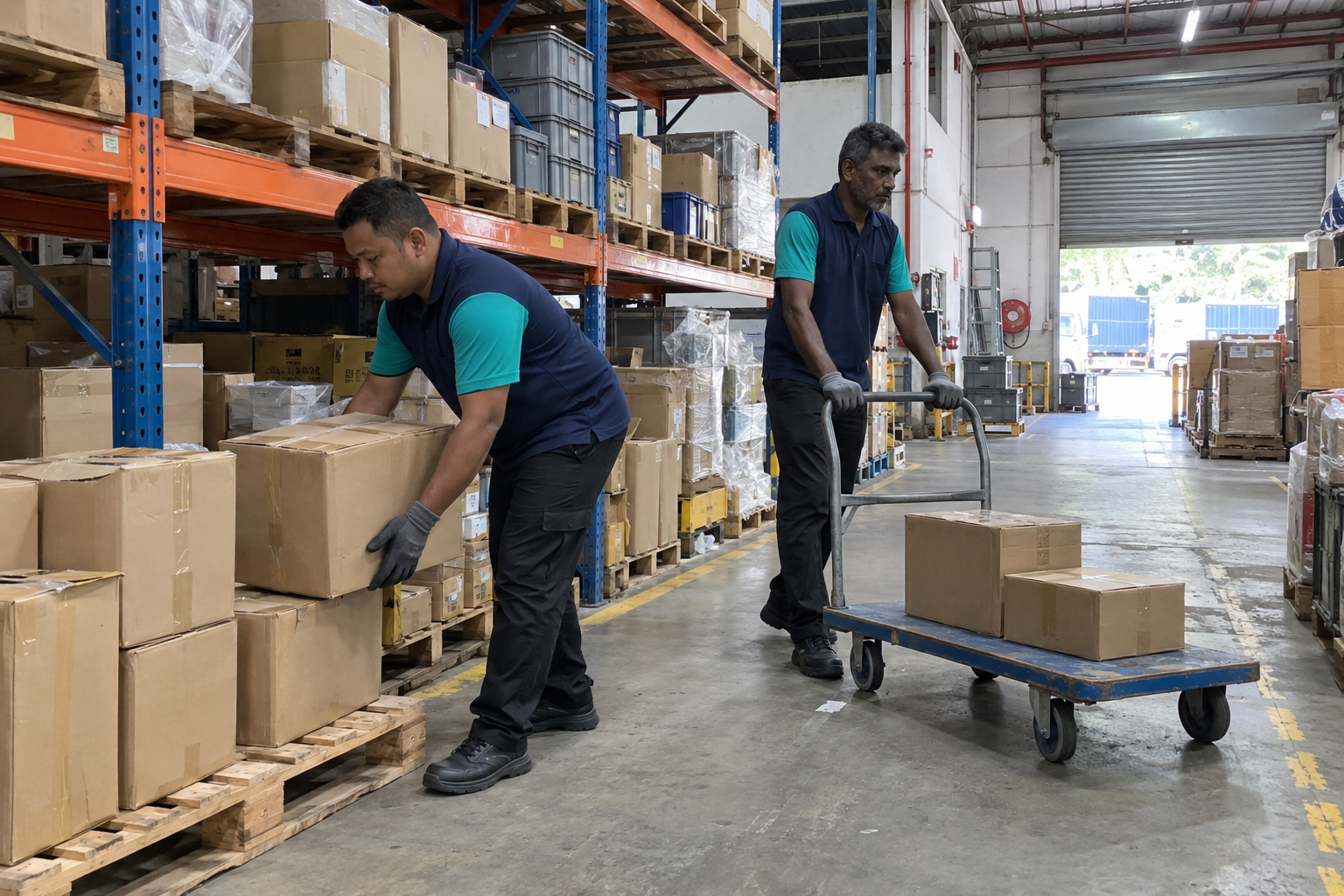 Tenaga Cekap workers providing labour supply in KL by assisting with warehouse material handling and operational duties.