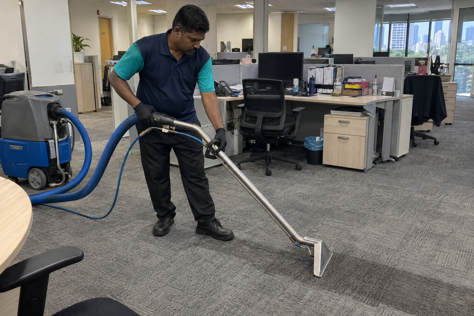 Professional carpet cleaning services in KL by Tenaga Cekap using commercial carpet cleaning equipment to maintain office carpets.
