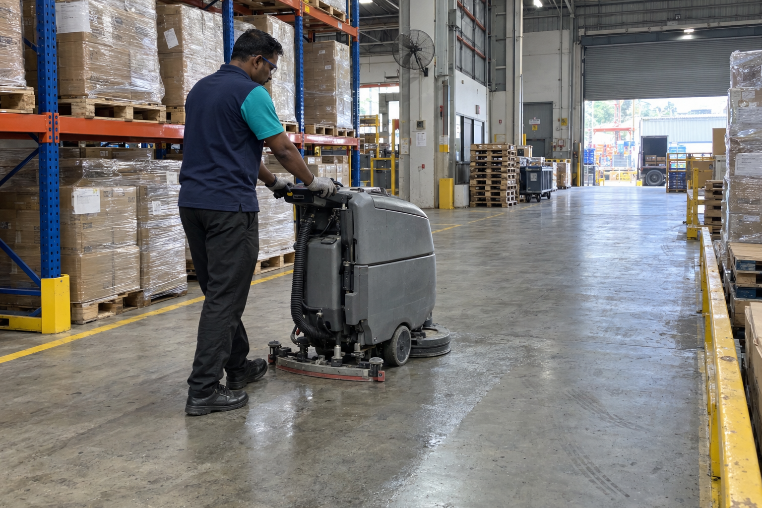Tenaga Cekap worker providing warehouse cleaning in KL by maintaining floors and storage areas inside a commercial warehouse.
