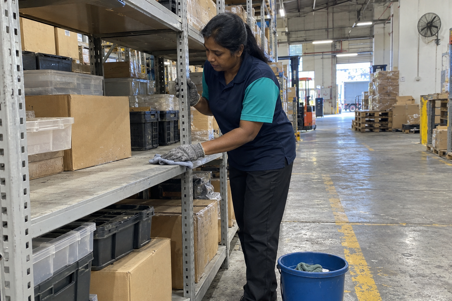 Female Tenaga Cekap worker performing warehouse cleaning in KL by sweeping the floor beside storage racks and pallets.