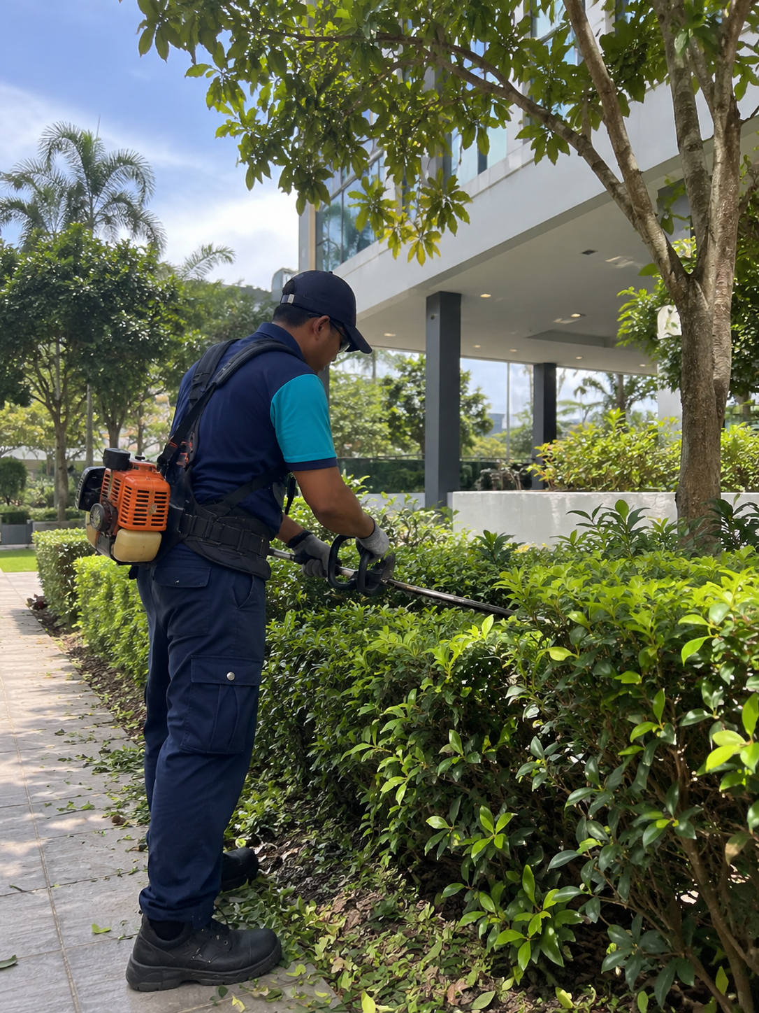 Landscaping worker trimming hedges at a commercial property alongside commercial and industrial cleaning services in KL