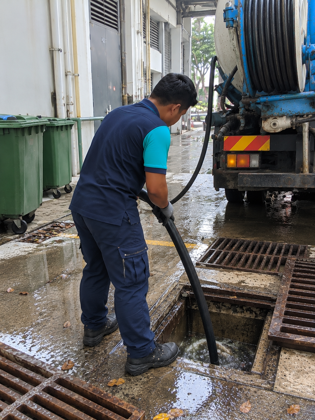 Worker using specialised drainage cleaning equipment during commercial and industrial cleaning services in KL