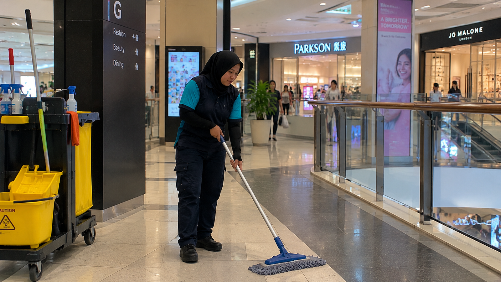 Tenaga Cekap worker providing shopping mall housekeeping services in KL by mopping a public walkway.