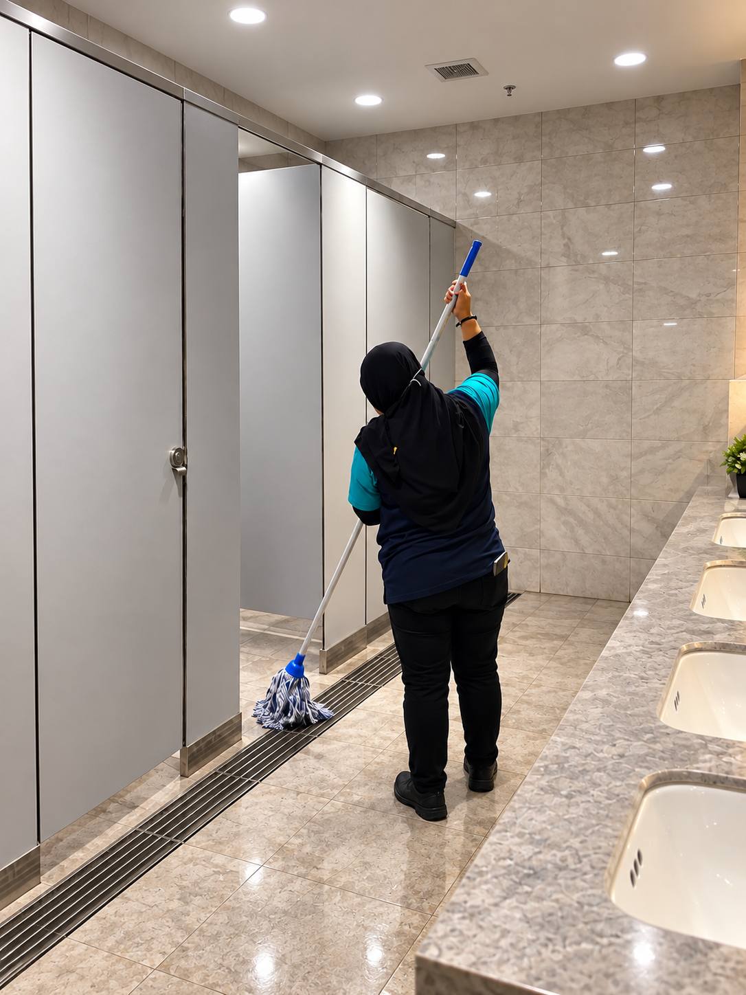 Tenaga Cekap worker from our cleaning company in KL mopping a commercial restroom.